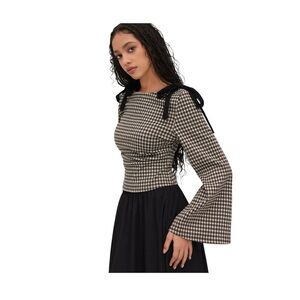 NWOT Cider Boat Neck Gingham Bowknot Bell Sleeve Blouse Top Brown Tan Size Large